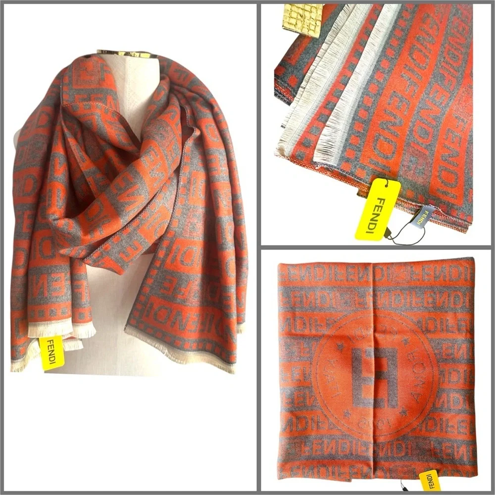 NWT Fendi Deep Orange & Slate Gray Cashmere Silk Blend Scarf Shawl Wrap 26”x76” - Picture 1 of 8